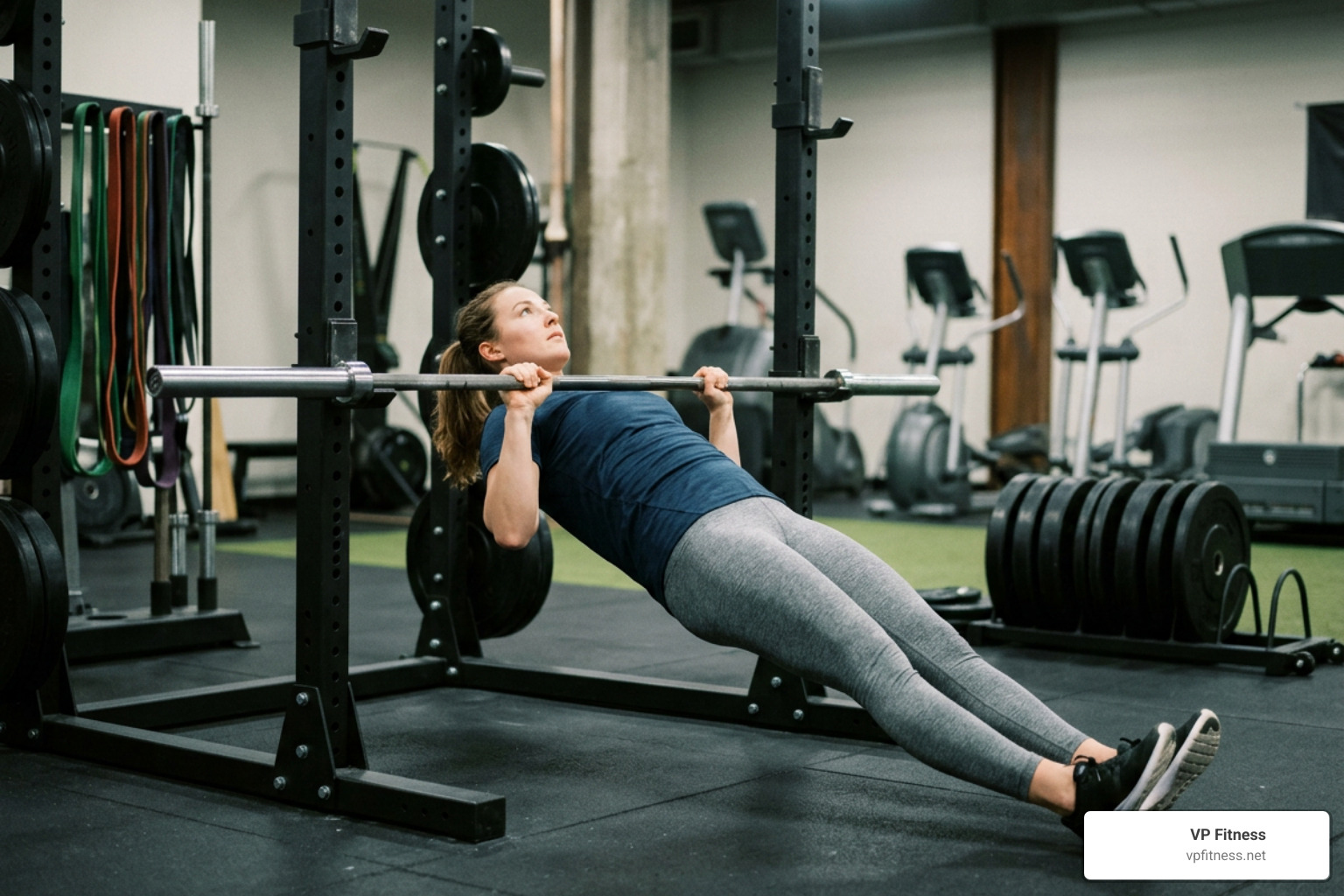 Beginner performing an inverted row on a barbell with perfect form Beginner performing an inverted row on a barbell with perfect form