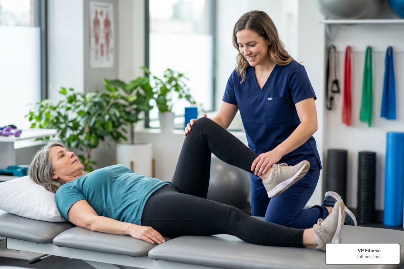physical therapist guiding a client through a low-impact leg exercise physical therapist guiding a client through a low-impact leg exercise