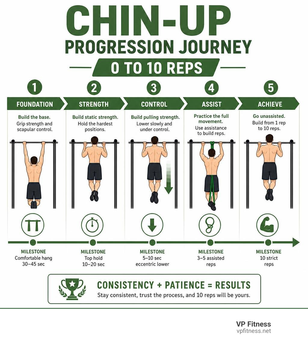Infographic showing the 5-phase chin-up progression journey from 0 to 10 reps with key milestones infographic Infographic showing the 5-phase chin-up progression journey from 0 to 10 reps with key milestones infographic