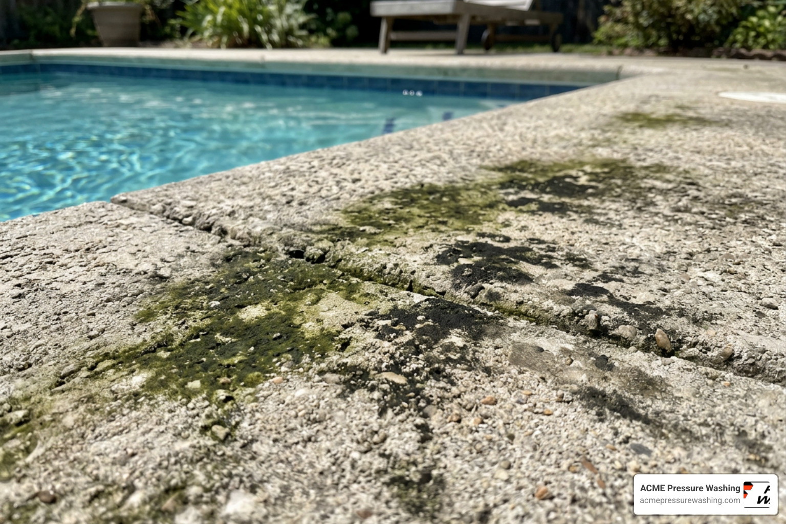algae buildup on a concrete pool deck