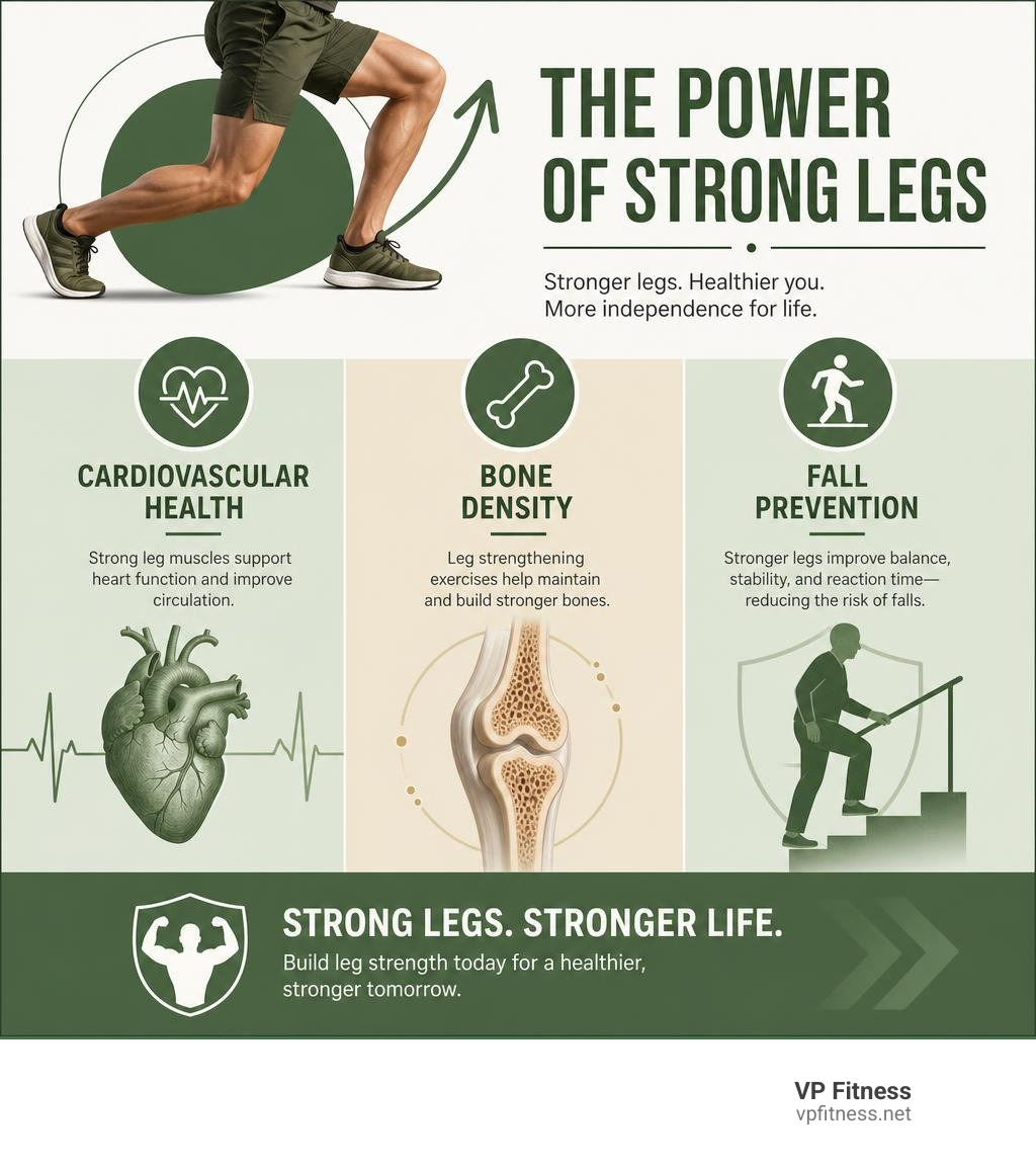 Benefits of leg strength on cardiovascular health, bone density, and fall prevention infographic Benefits of leg strength on cardiovascular health, bone density, and fall prevention infographic