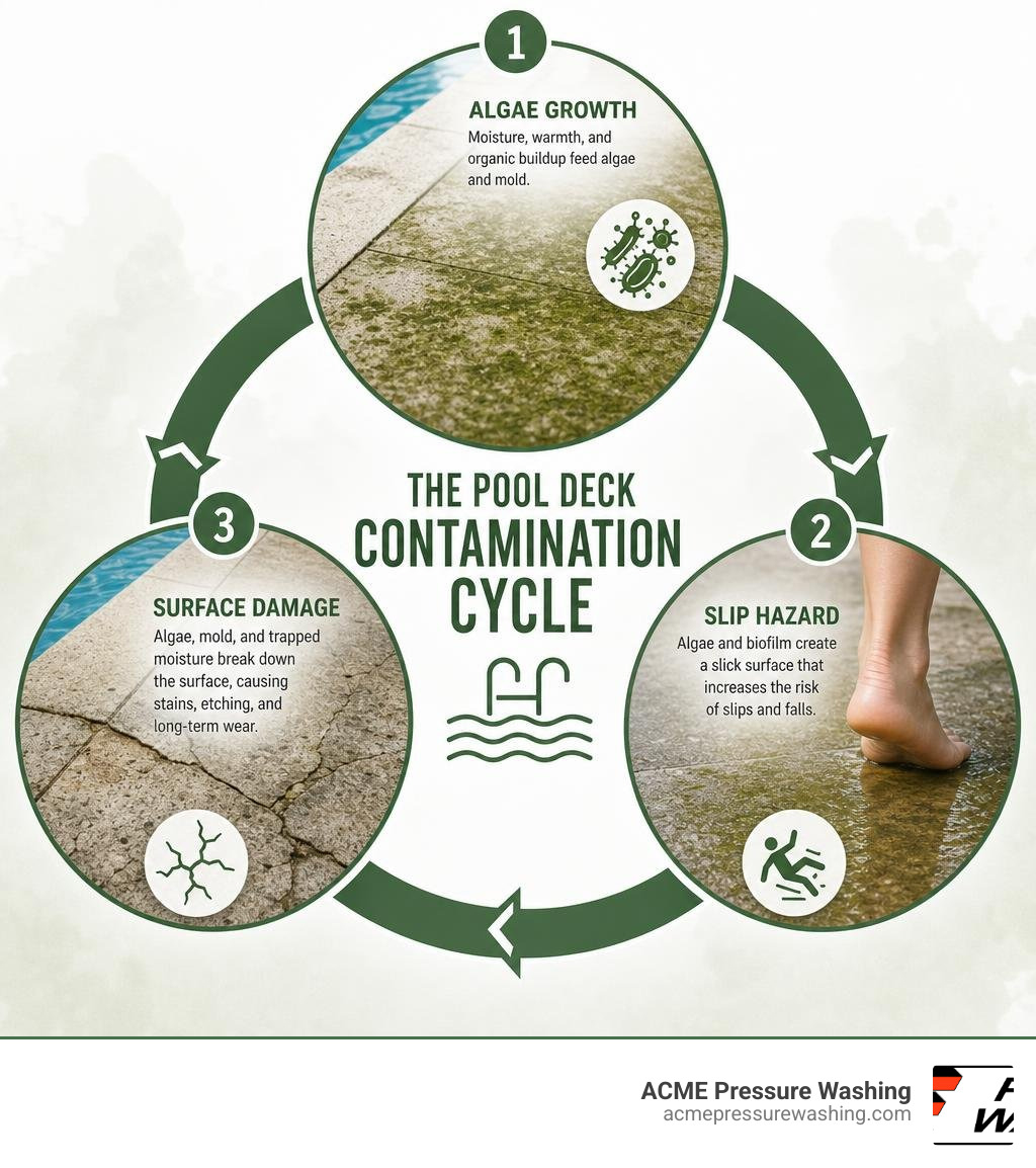 Infographic showing the pool deck contamination cycle from algae growth to slip hazard to surface damage infographic