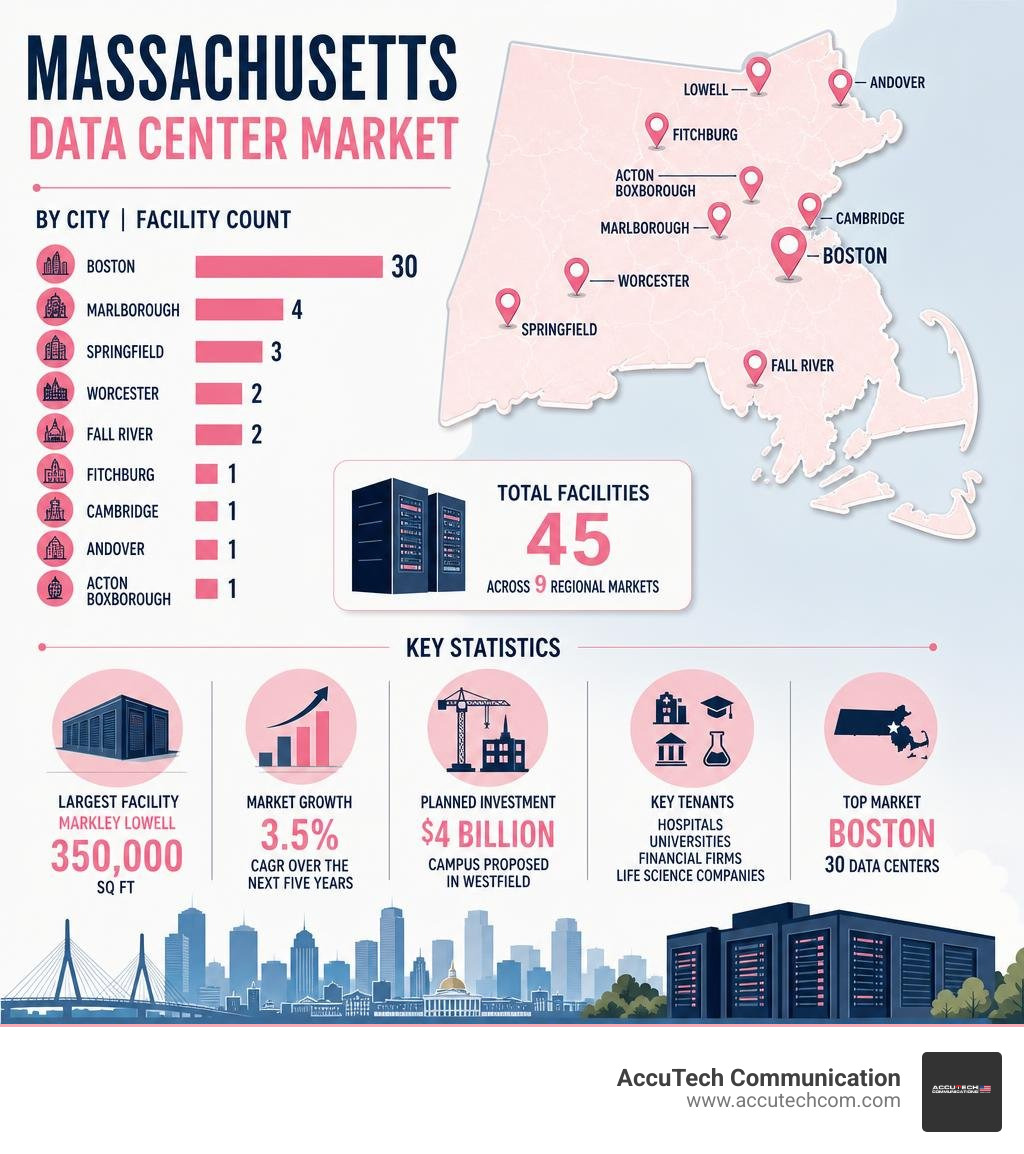 Infographic showing Massachusetts data center market breakdown by city, facility count, and key statistics infographic Infographic showing Massachusetts data center market breakdown by city, facility count, and key statistics infographic