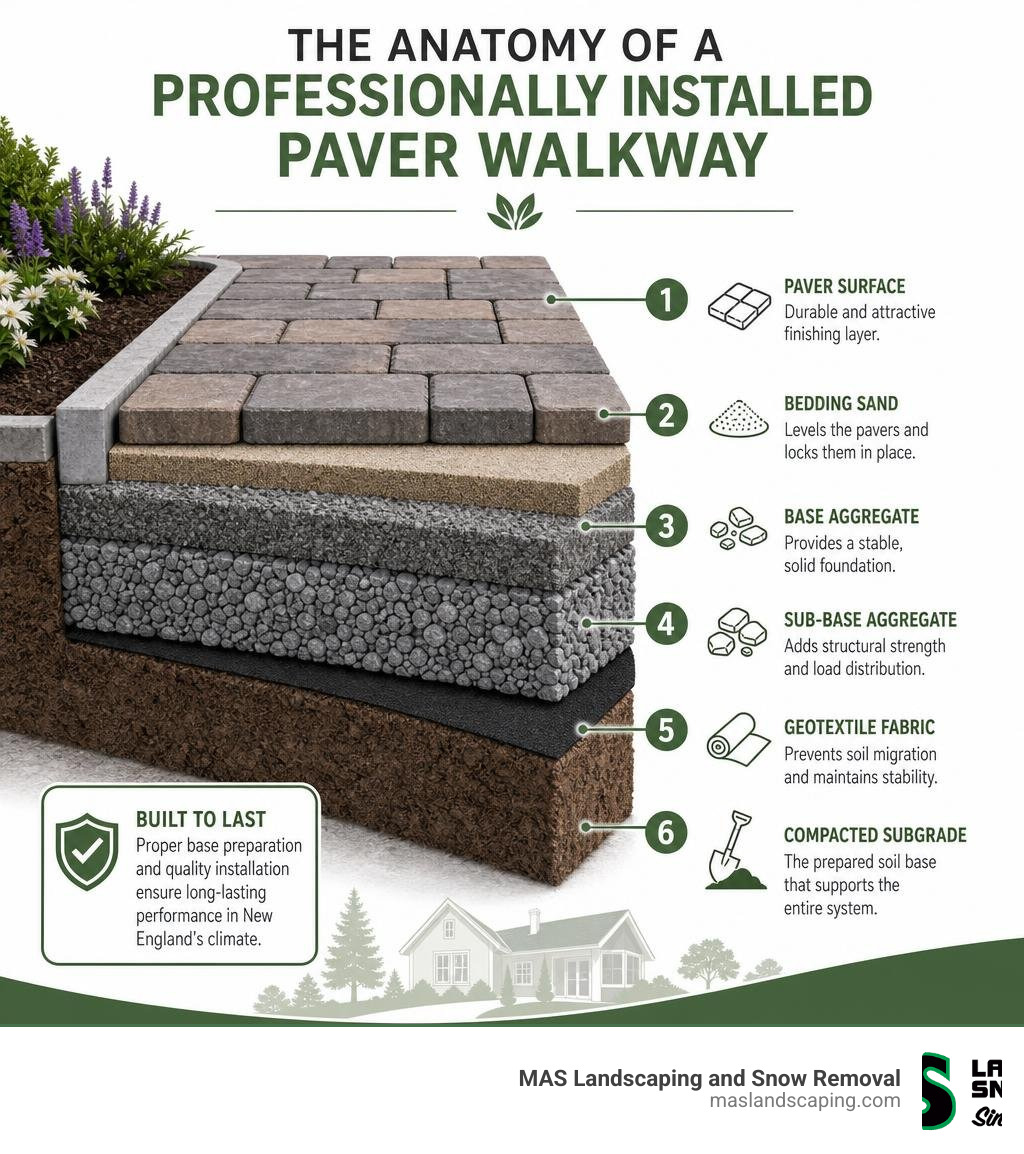Infographic showing anatomy of a professionally installed paver walkway with labeled layers infographic Infographic showing anatomy of a professionally installed paver walkway with labeled layers infographic