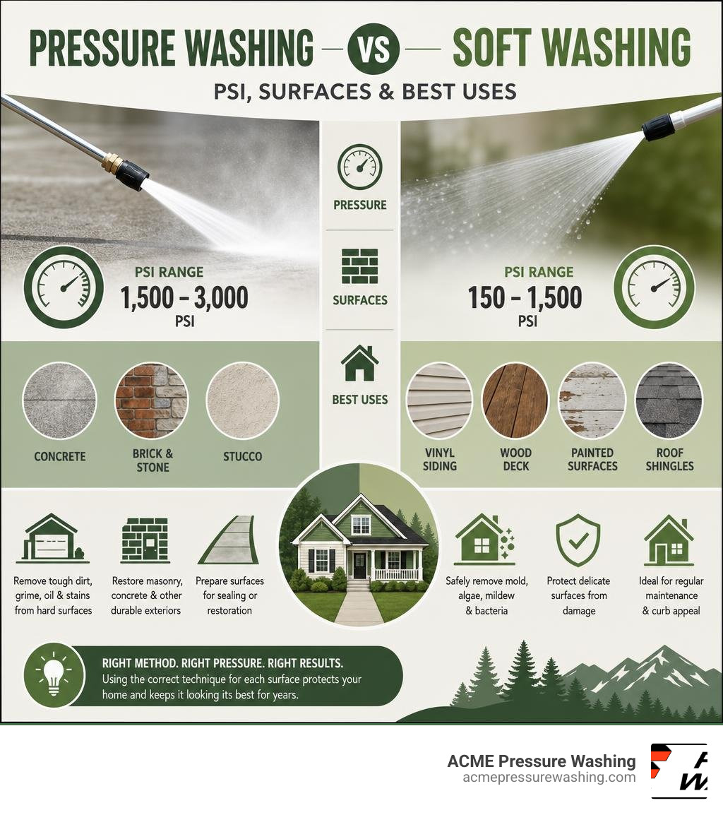 Infographic comparing pressure washing vs soft washing PSI, surfaces, and best uses infographic