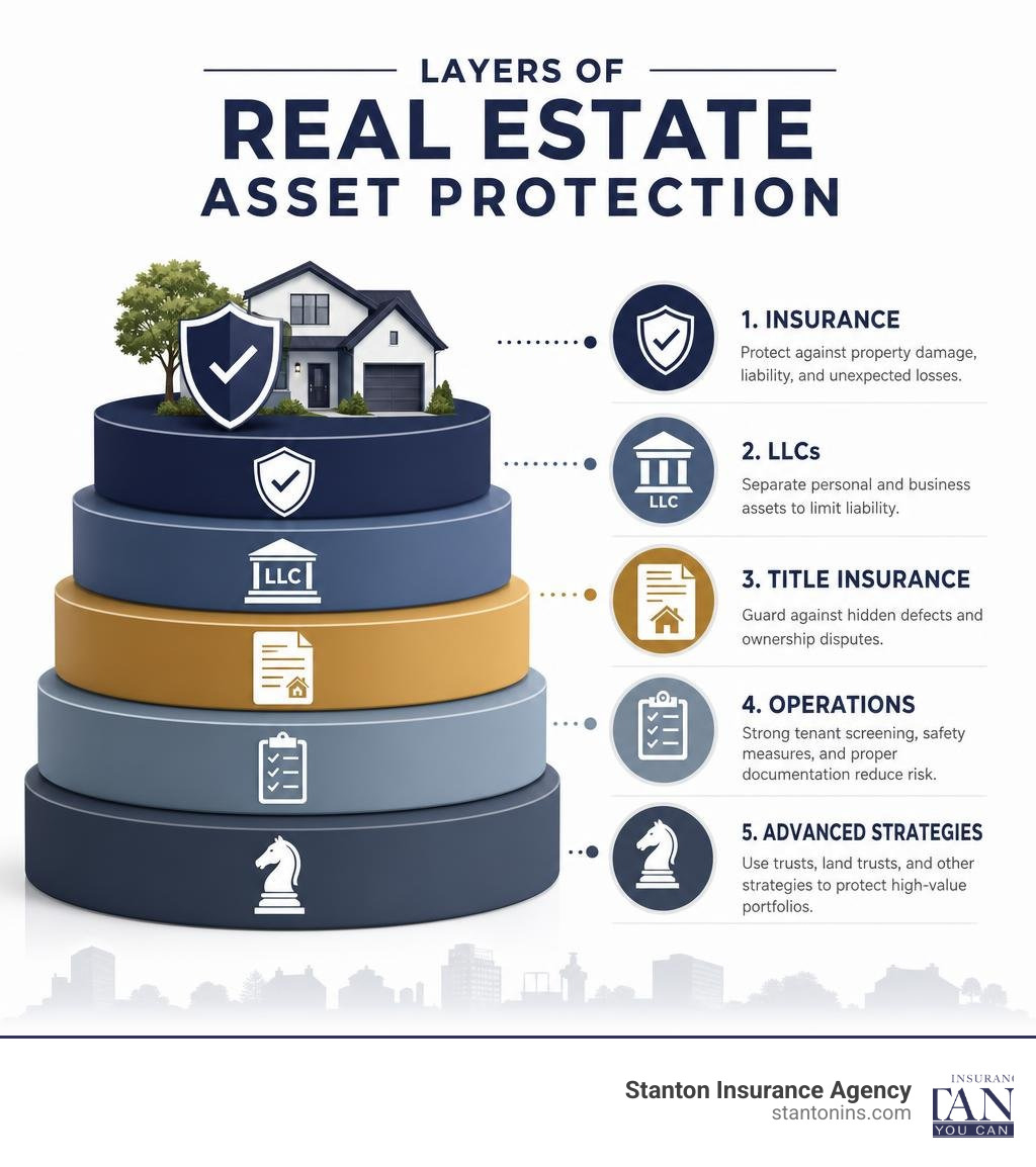 Layers of real estate asset protection: insurance, LLCs, title insurance, operations, advanced strategies infographic Layers of real estate asset protection: insurance, LLCs, title insurance, operations, advanced strategies infographic