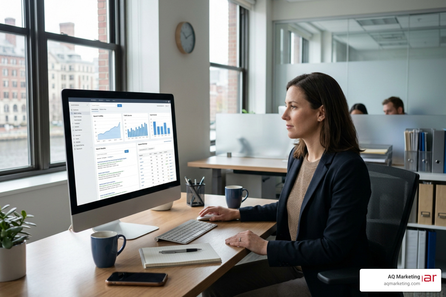 An insurance agent in a Boston-area office analyzing search engine rankings on a desktop screen An insurance agent in a Boston-area office analyzing search engine rankings on a desktop screen
