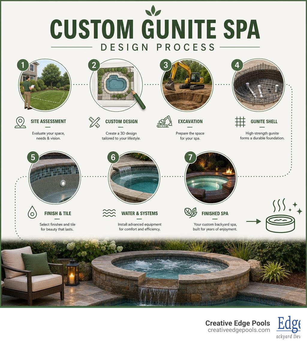Custom gunite spa design process infographic showing steps from site assessment to finished backyard spa infographic