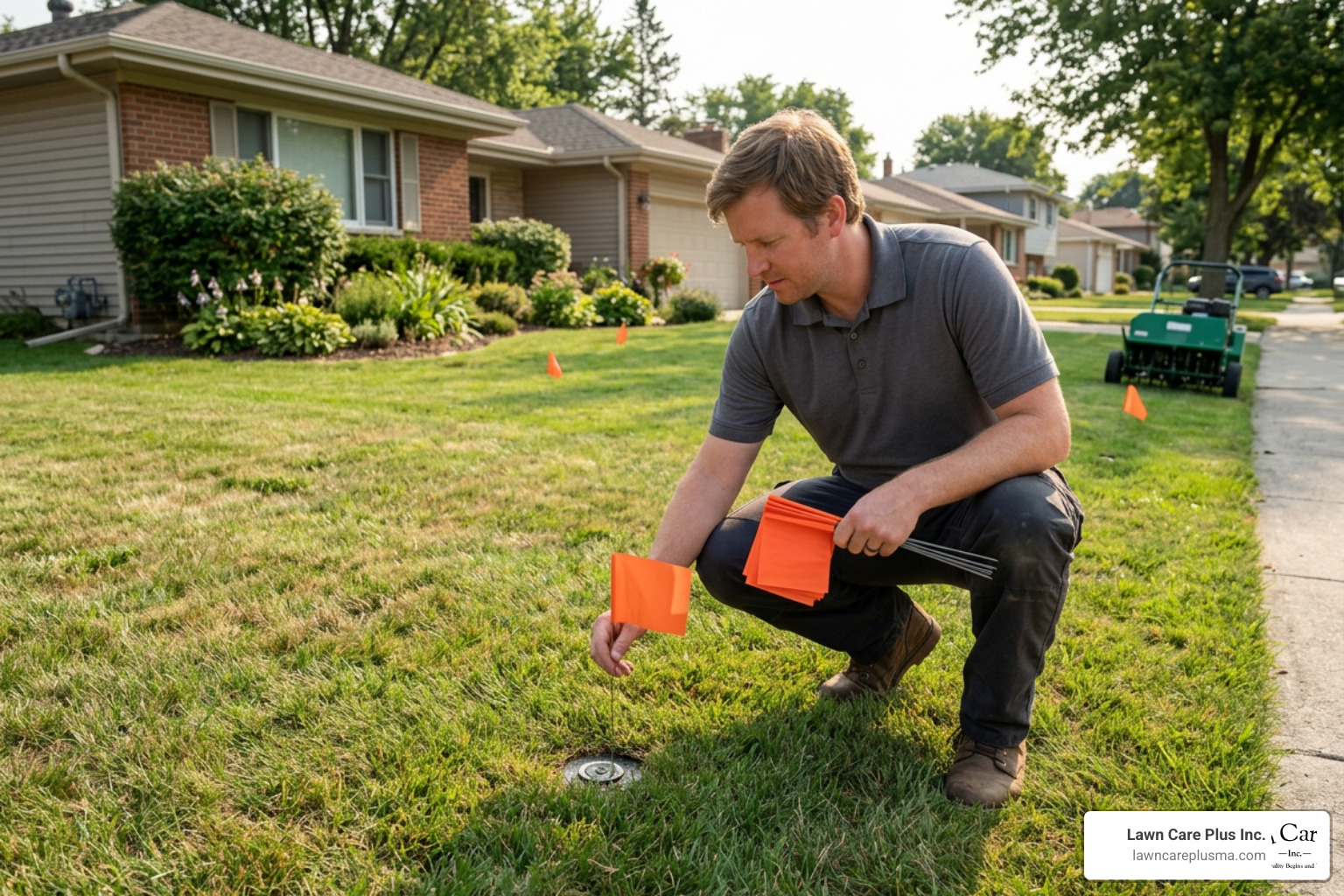 Marking irrigation sprinkler heads with flags before lawn aeration
