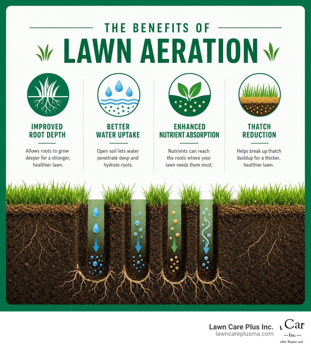 Benefits of lawn aeration: improved root depth, water uptake, nutrient absorption, and thatch reduction infographic