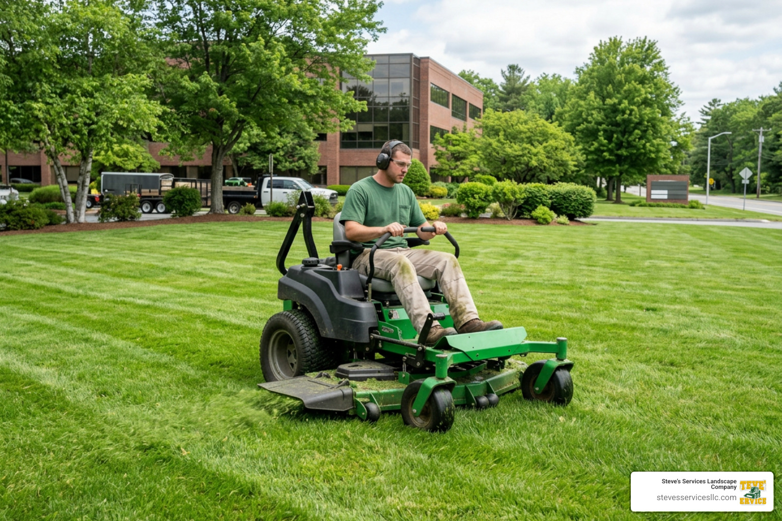 Commercial lawn mower cutting lush green grass in Burlington MA
