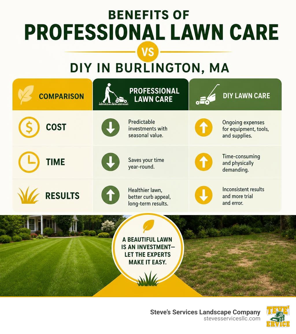 Benefits of professional lawn care vs DIY in Burlington MA — cost, time, results comparison infographic