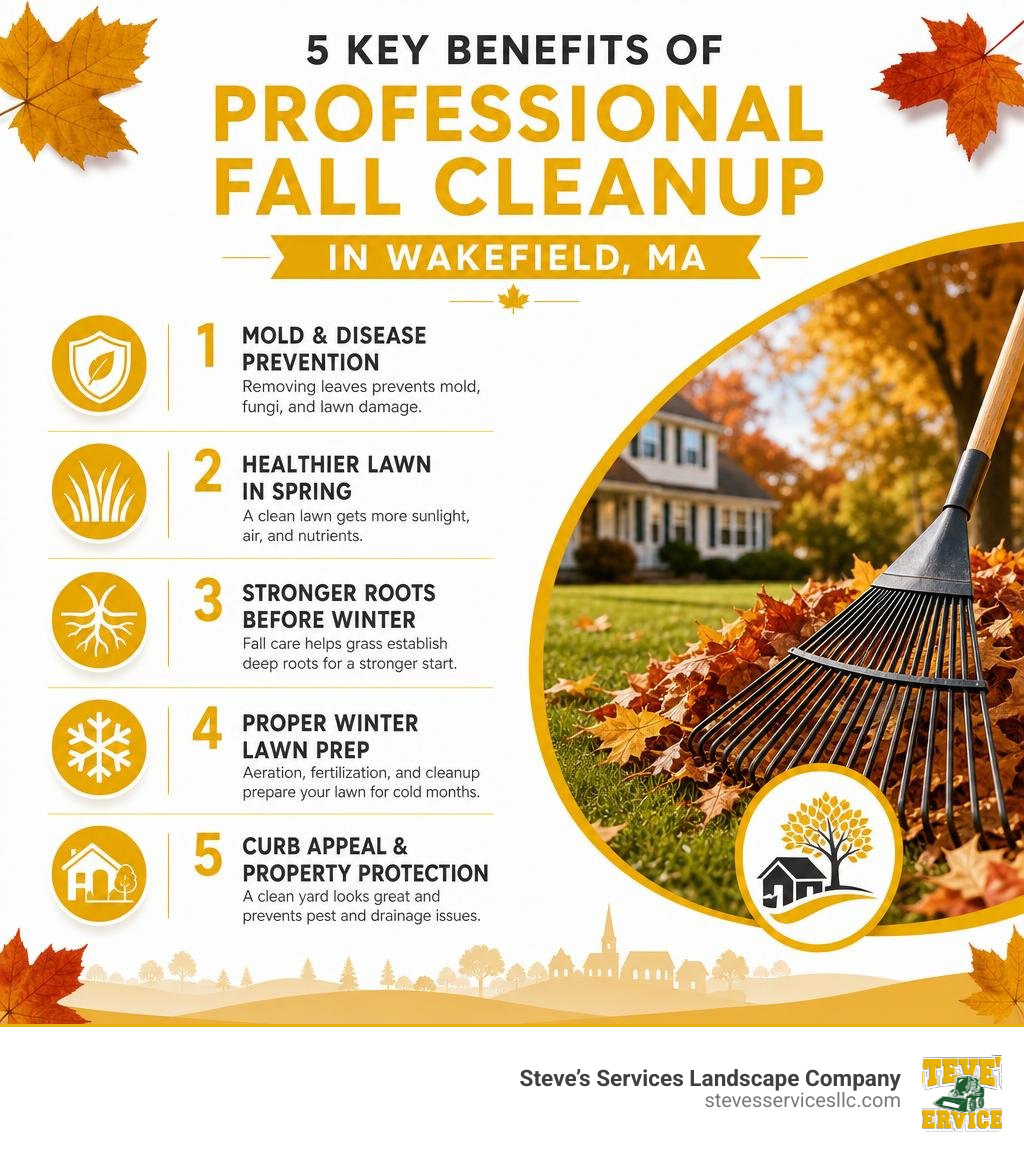 Infographic showing 5 key benefits of professional fall cleanup in Wakefield MA including mold prevention and winter lawn Infographic showing 5 key benefits of professional fall cleanup in Wakefield MA including mold prevention and winter lawn