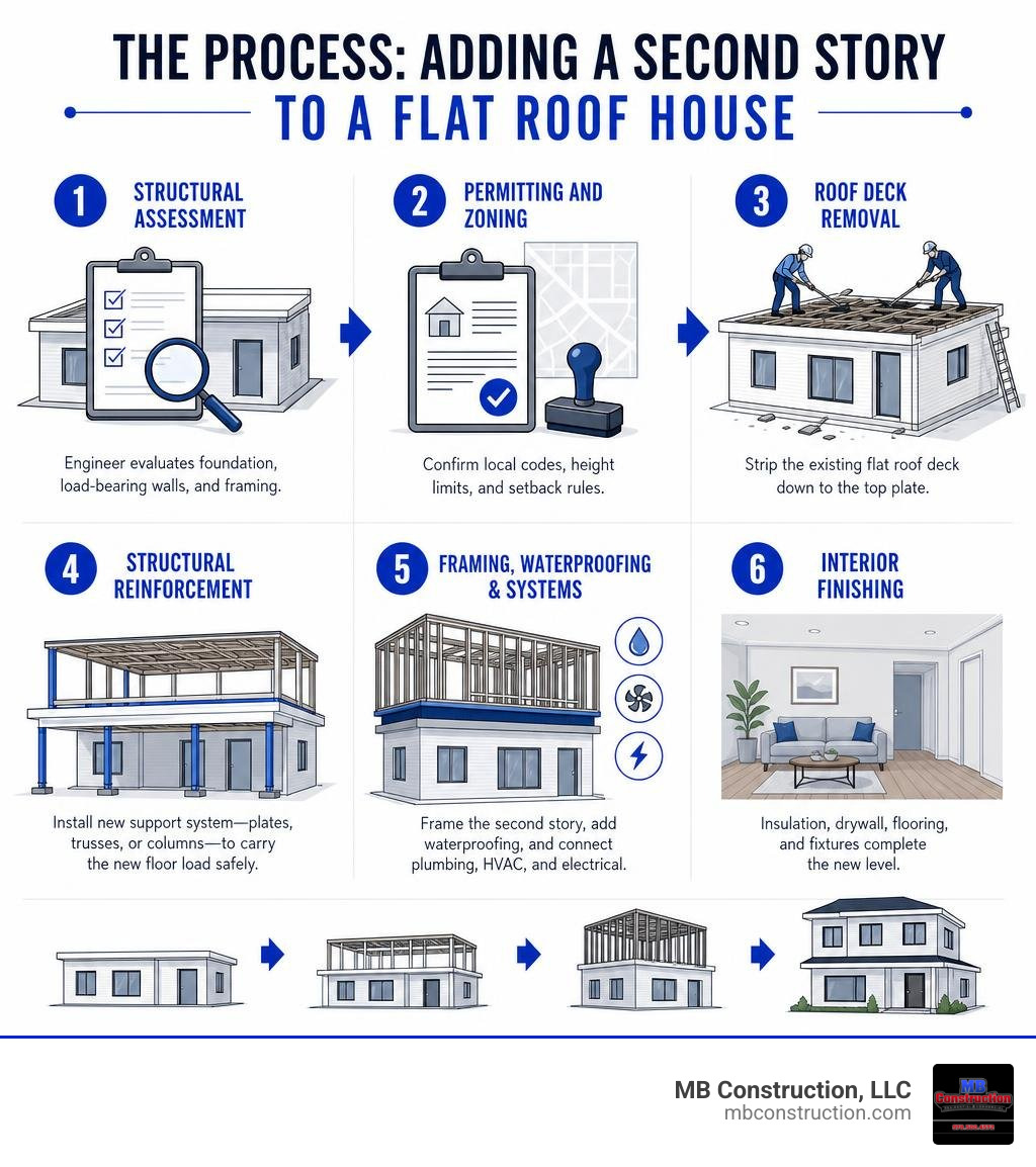 Step-by-step process infographic for adding a second story to a flat roof house infographic Step-by-step process infographic for adding a second story to a flat roof house infographic