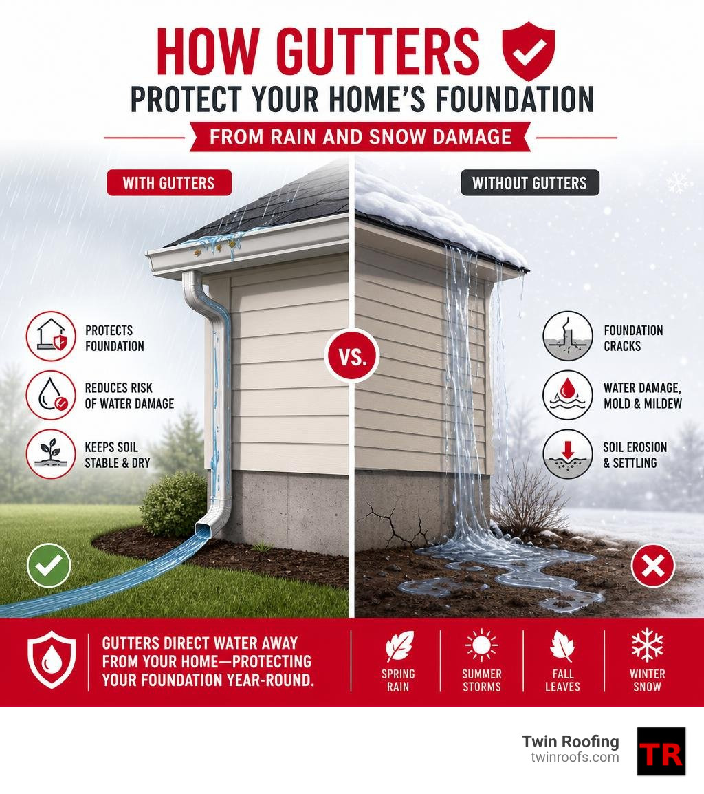 Infographic showing how gutters protect a home's foundation from rain and snow damage infographic Infographic showing how gutters protect a home's foundation from rain and snow damage infographic