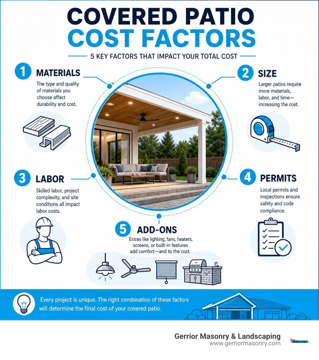 covered patio cost factors infographic showing materials, size, labor, permits, and add-ons infographic