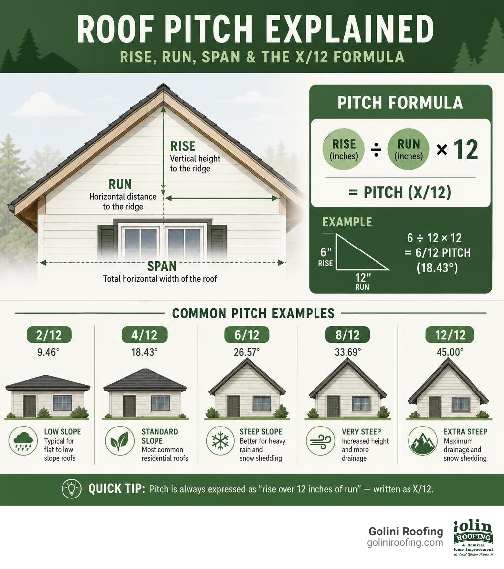 Infographic showing rise, run, and span of a roof with pitch formula X/12 and common pitch examples infographic Infographic showing rise, run, and span of a roof with pitch formula X/12 and common pitch examples infographic