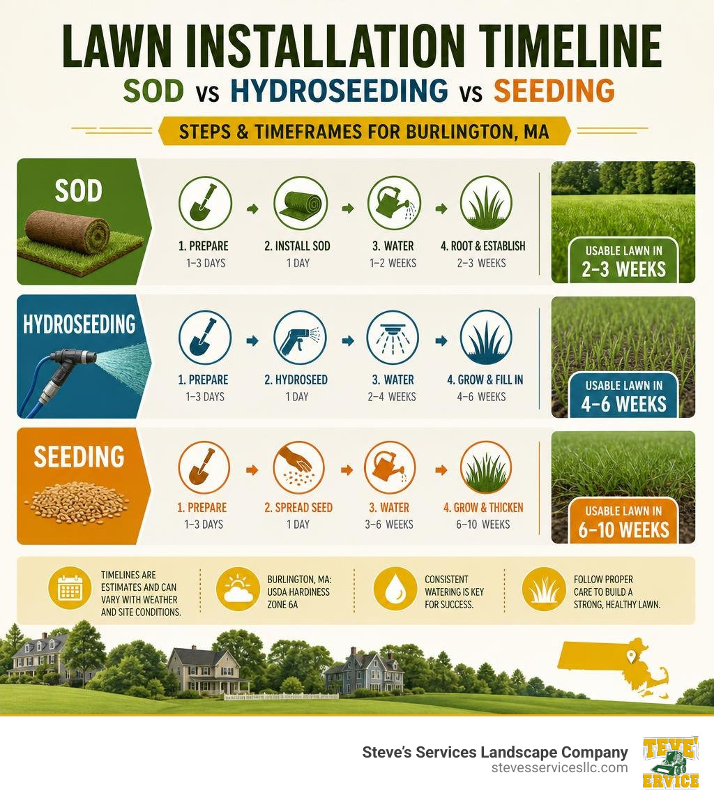 Lawn installation timeline infographic: sod vs hydroseeding vs seeding steps and timeframes for Burlington MA infographic Lawn installation timeline infographic: sod vs hydroseeding vs seeding steps and timeframes for Burlington MA infographic