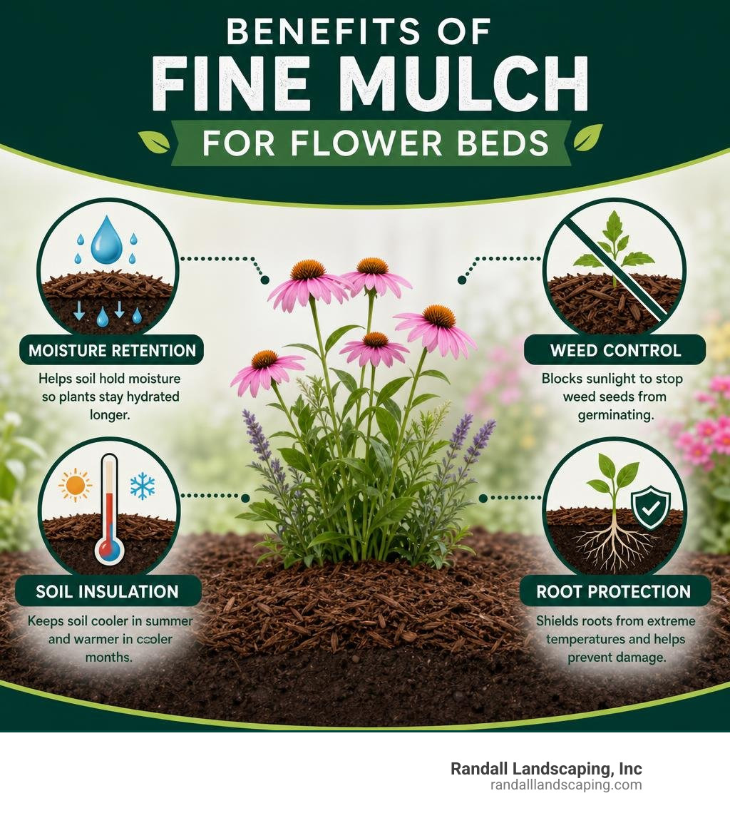 Benefits of fine mulch for flower beds: moisture retention, weed control, soil insulation, and root protection infographic Benefits of fine mulch for flower beds: moisture retention, weed control, soil insulation, and root protection infographic