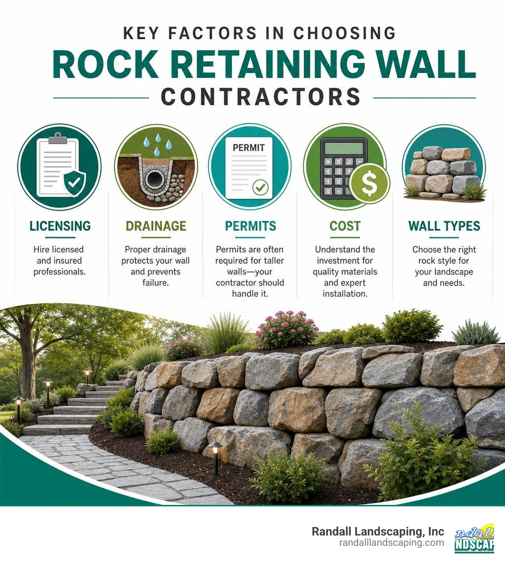 Infographic showing key factors in choosing rock retaining wall contractors: licensing, drainage, permits, cost, and wall