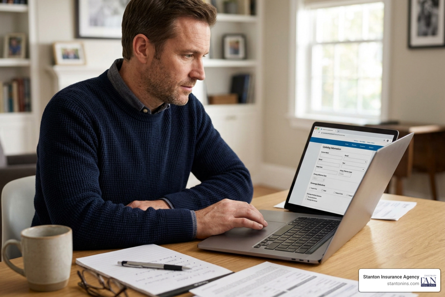 Updating auto insurance policy details on a laptop Updating auto insurance policy details on a laptop