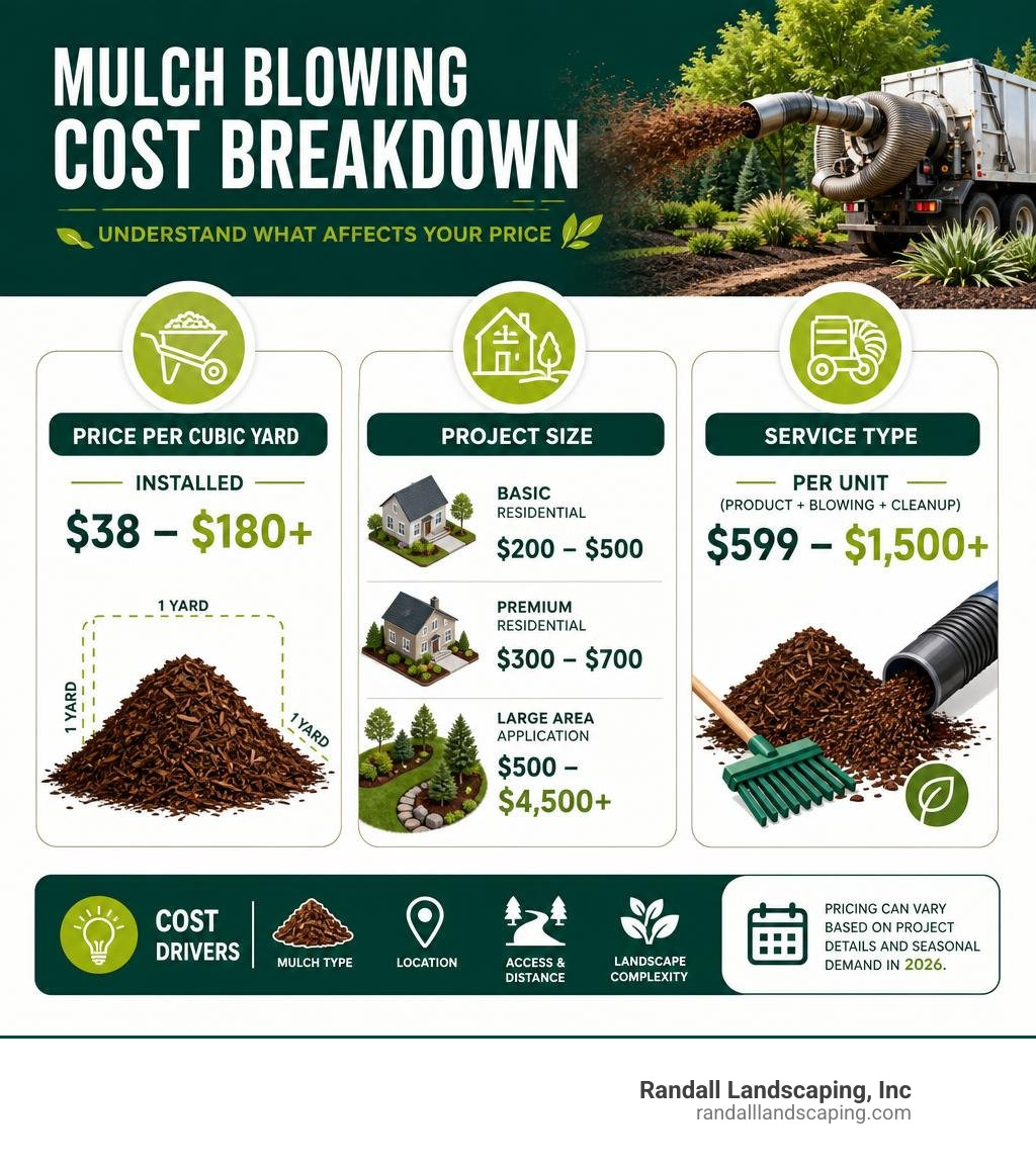 Mulch blowing cost breakdown infographic comparing price per cubic yard, project size, and service type infographic Mulch blowing cost breakdown infographic comparing price per cubic yard, project size, and service type infographic
