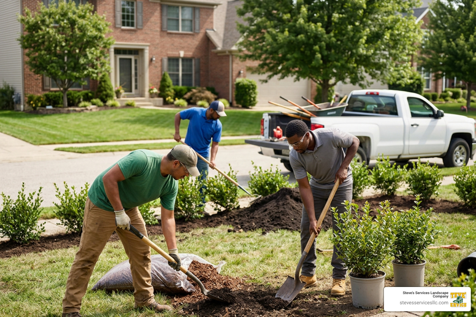 Professional landscape crew preparing soil and installing a new front yard hedge Professional landscape crew preparing soil and installing a new front yard hedge