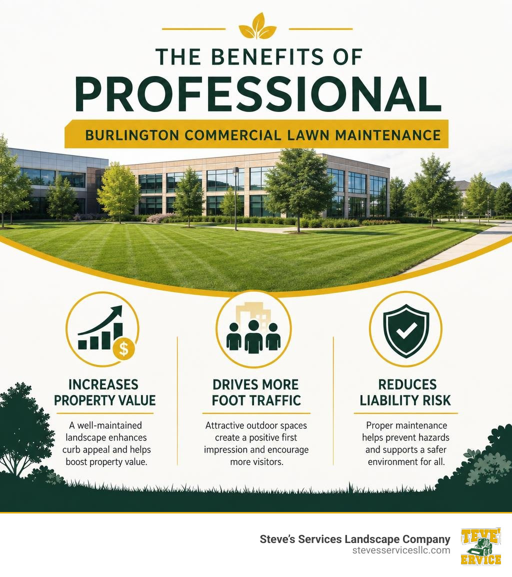 Infographic showing benefits of professional Burlington commercial lawn maintenance including property value, foot traffic