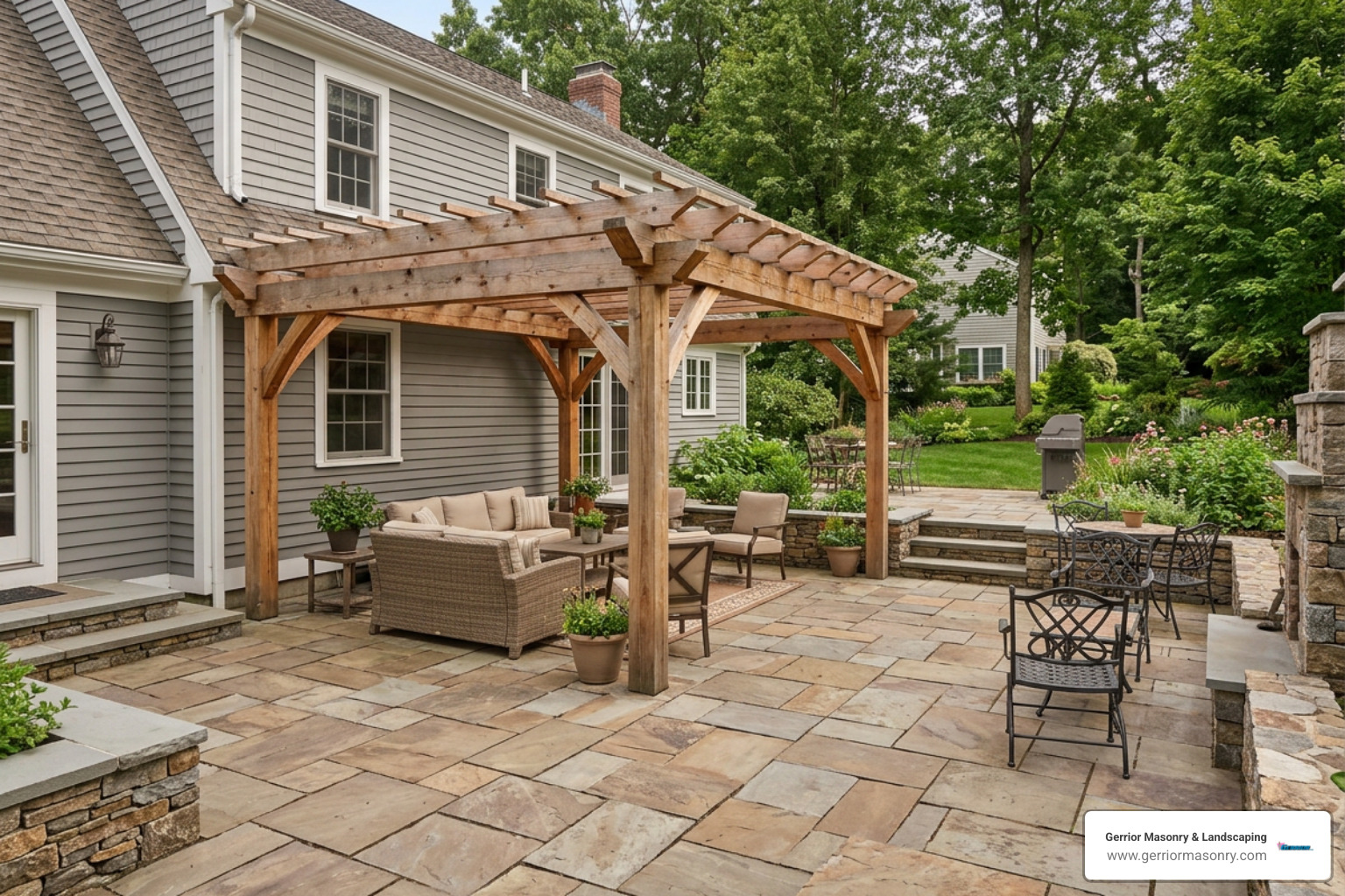 custom stone patio with a timber cover in Winchester, MA
