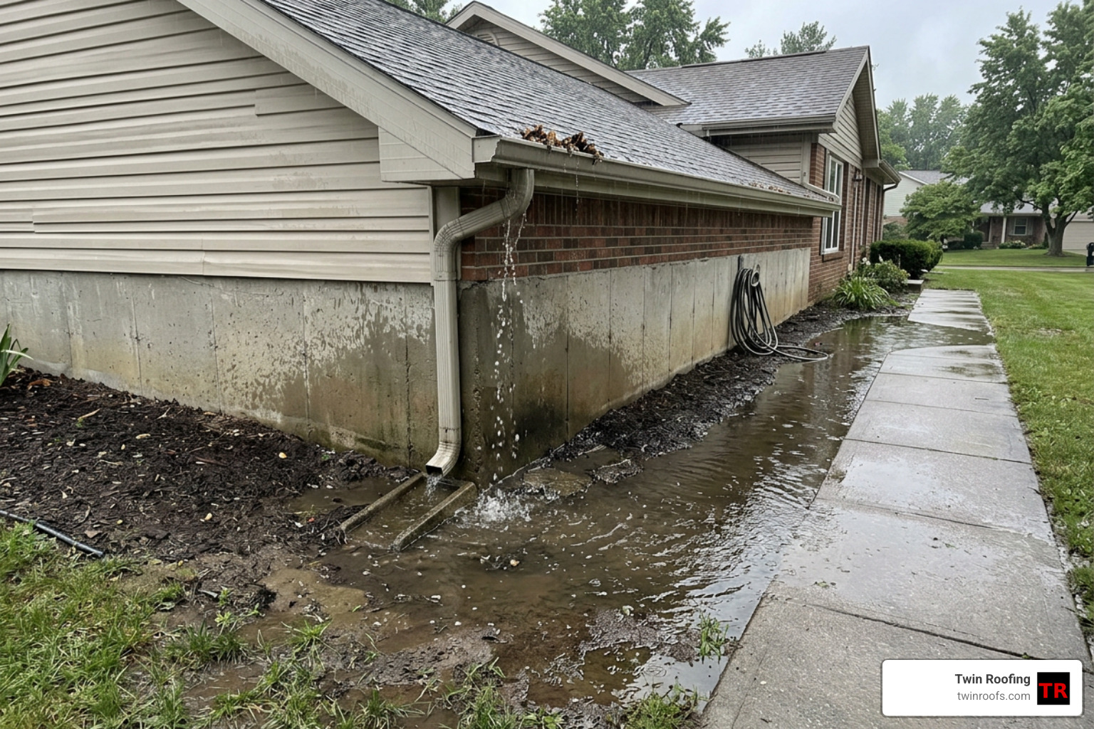 Water pooling near a home foundation due to poor gutter drainage Water pooling near a home foundation due to poor gutter drainage