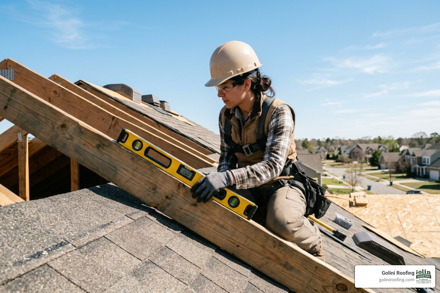 Measuring a roof slope with a digital level on a rafter Measuring a roof slope with a digital level on a rafter