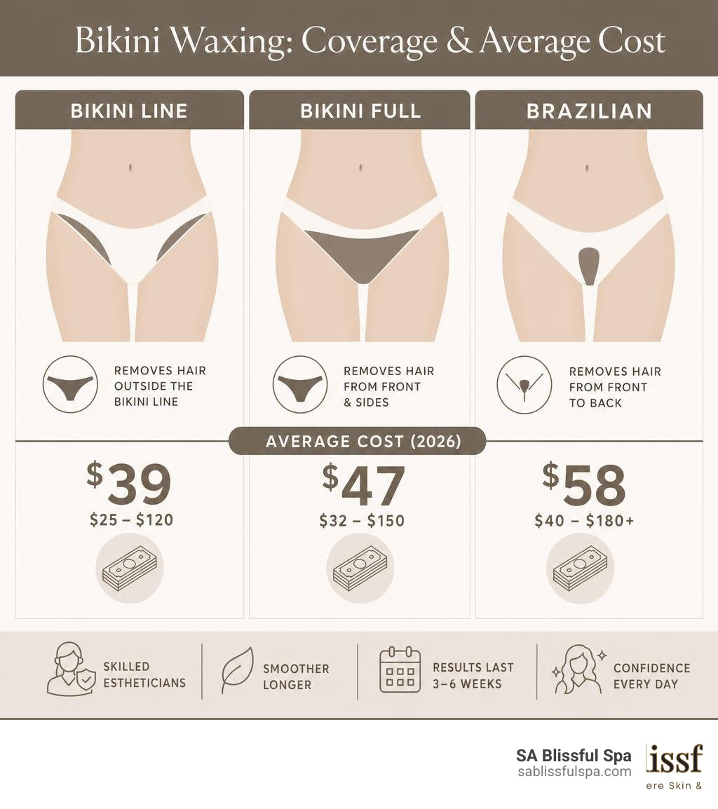 infographic comparing bikini line, bikini full, and Brazilian waxing coverage and average costs infographic