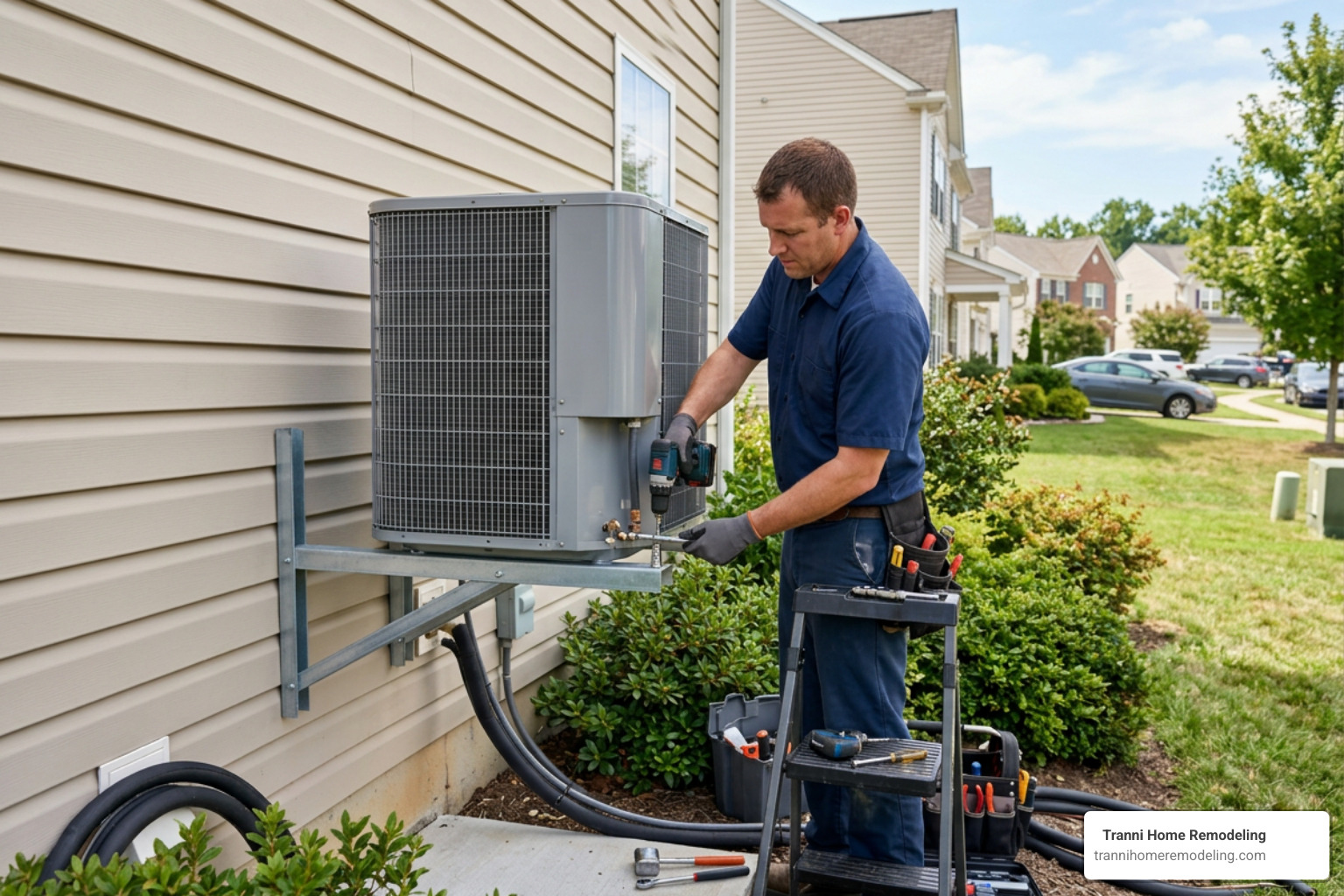 HVAC technician mounting outdoor condenser unit on residential wall bracket HVAC technician mounting outdoor condenser unit on residential wall bracket
