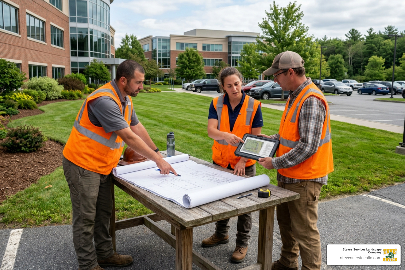 Professional landscaping crew discussing a site plan for a Burlington commercial property