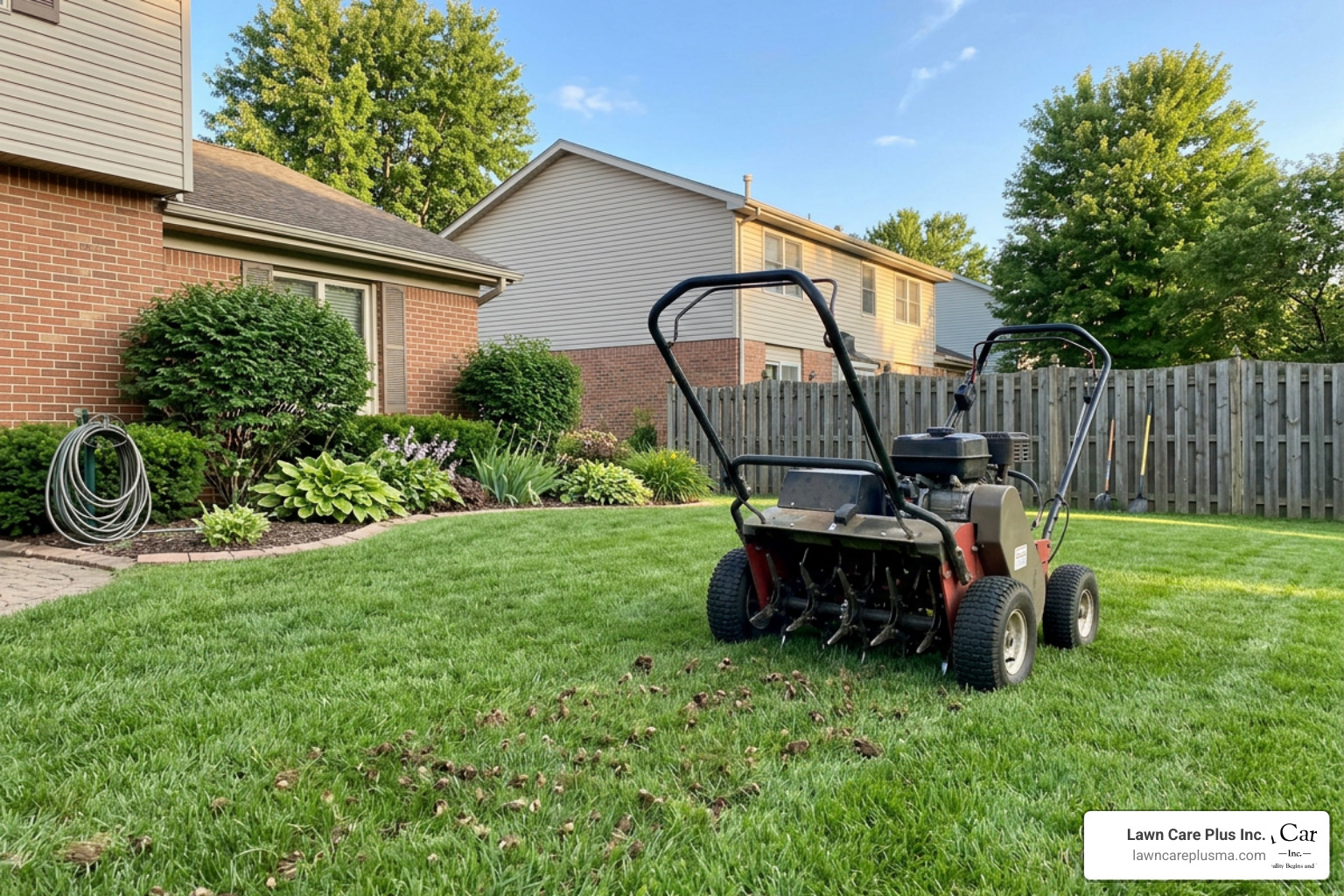 Core aerator machine parked on a green lawn