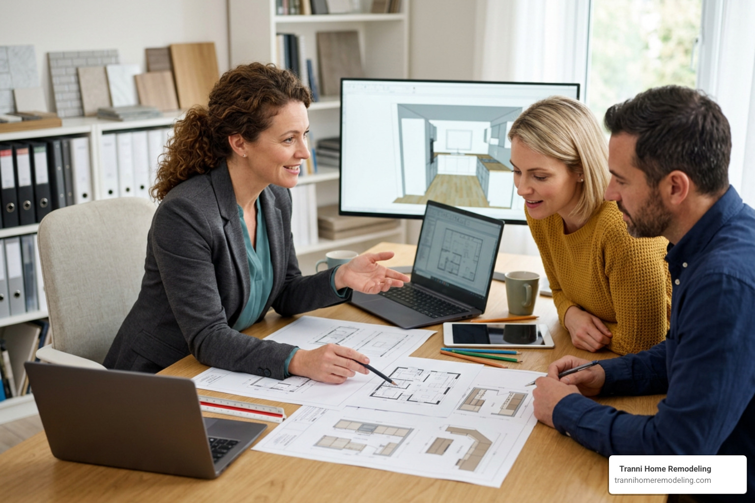Designer presenting CAD kitchen drawings to a client Designer presenting CAD kitchen drawings to a client