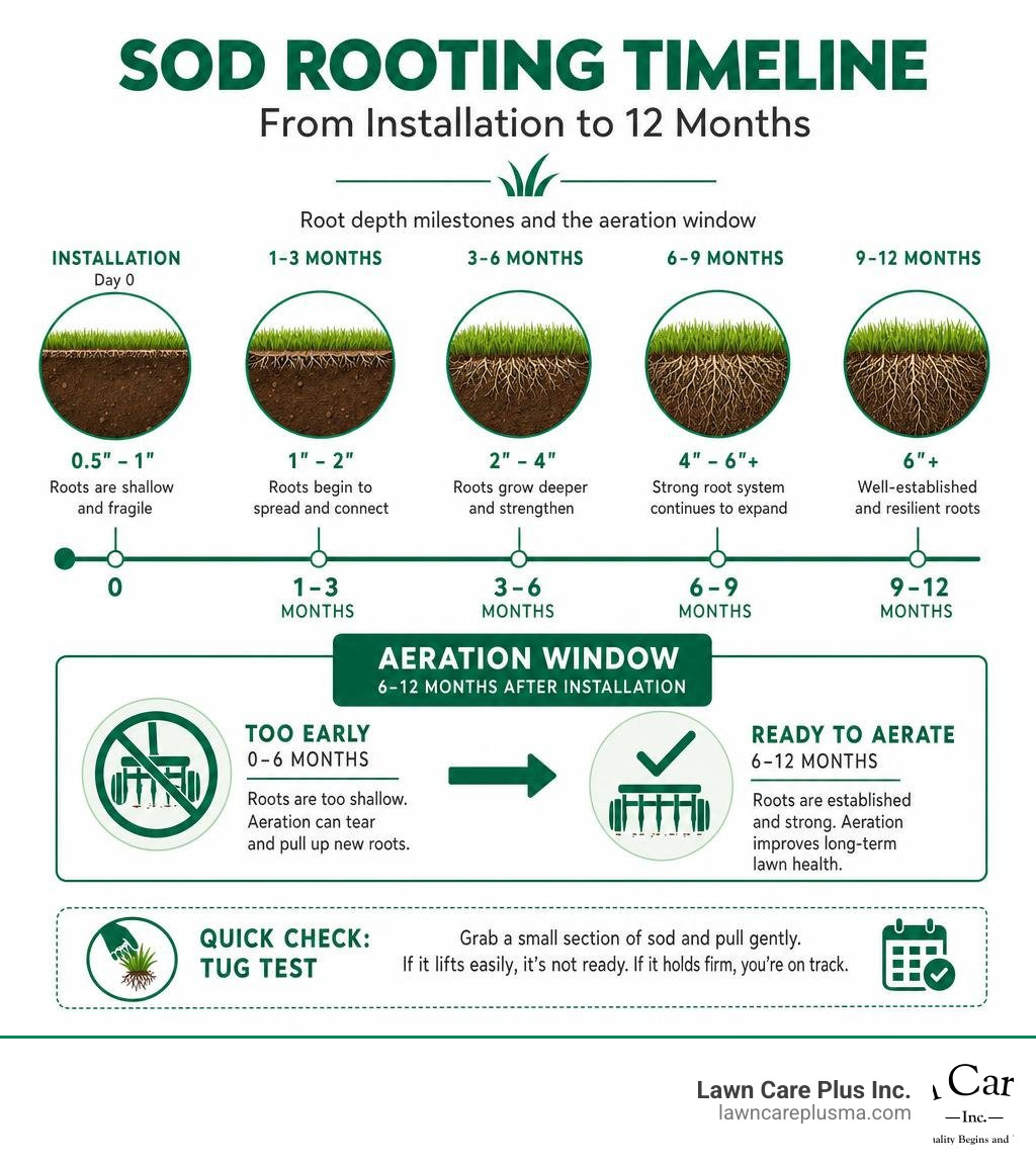 Sod rooting timeline from installation to 12 months showing root depth milestones and aeration window infographic