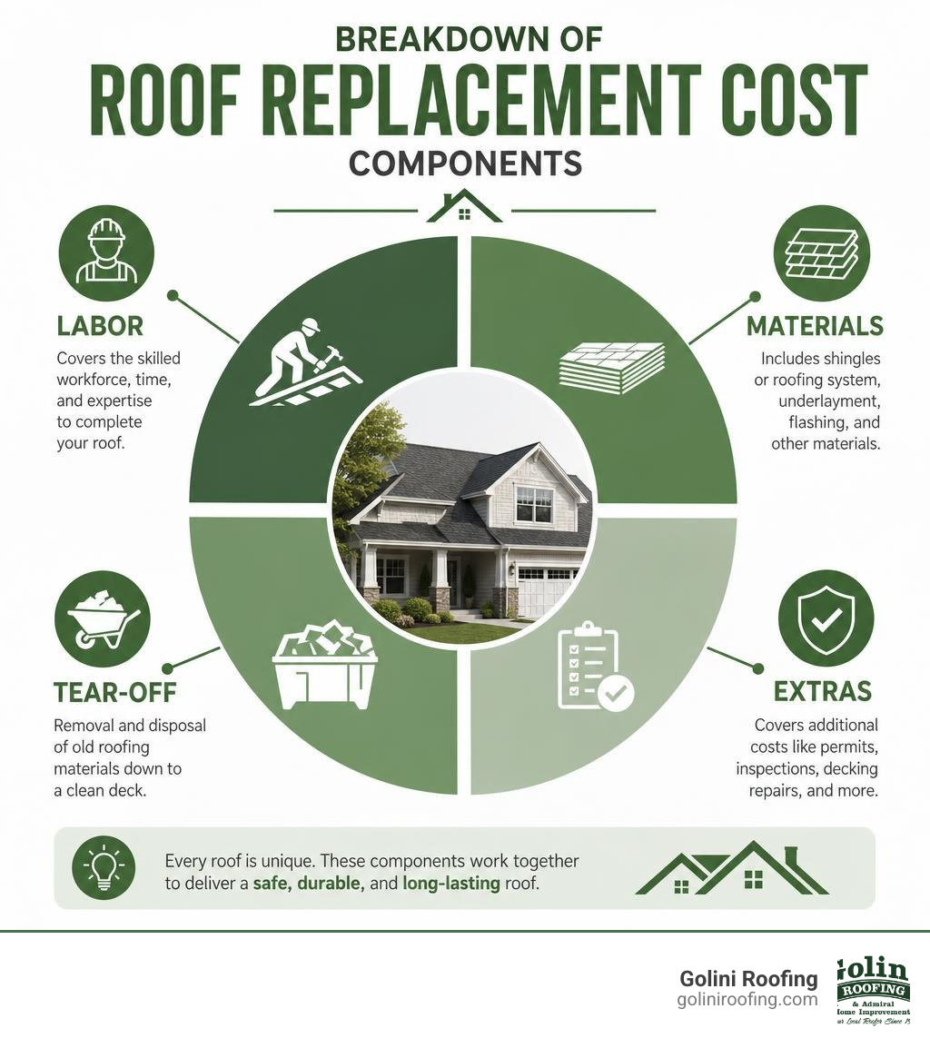 Breakdown of roof replacement cost components including labor, materials, tear-off, and extras infographic