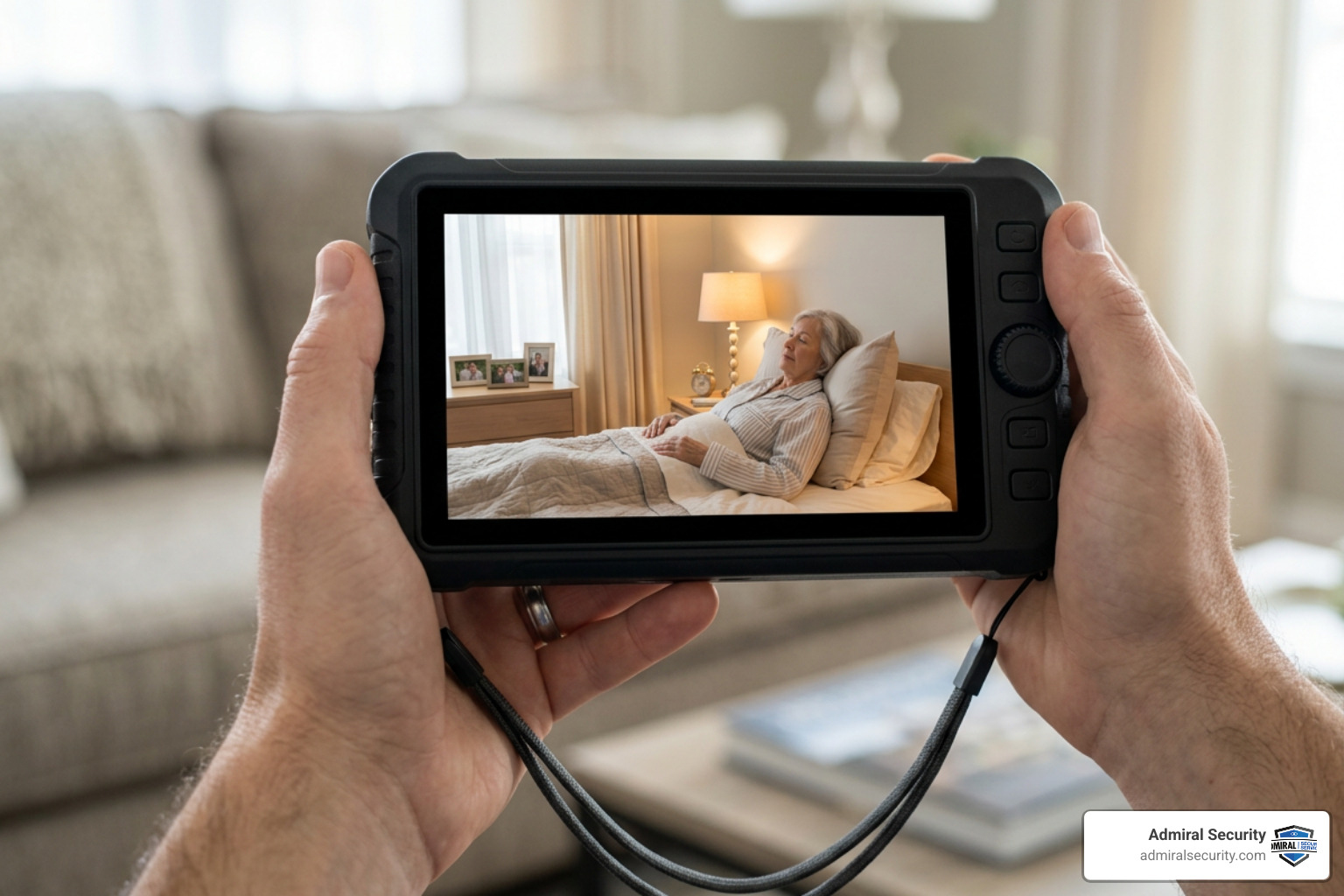 portable monitor screen showing a clear bedroom view
