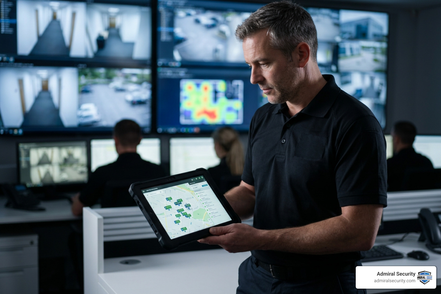 Security supervisor reviewing real-time GPS tracking data on a tablet, uniform badges blurred Security supervisor reviewing real-time GPS tracking data on a tablet, uniform badges blurred