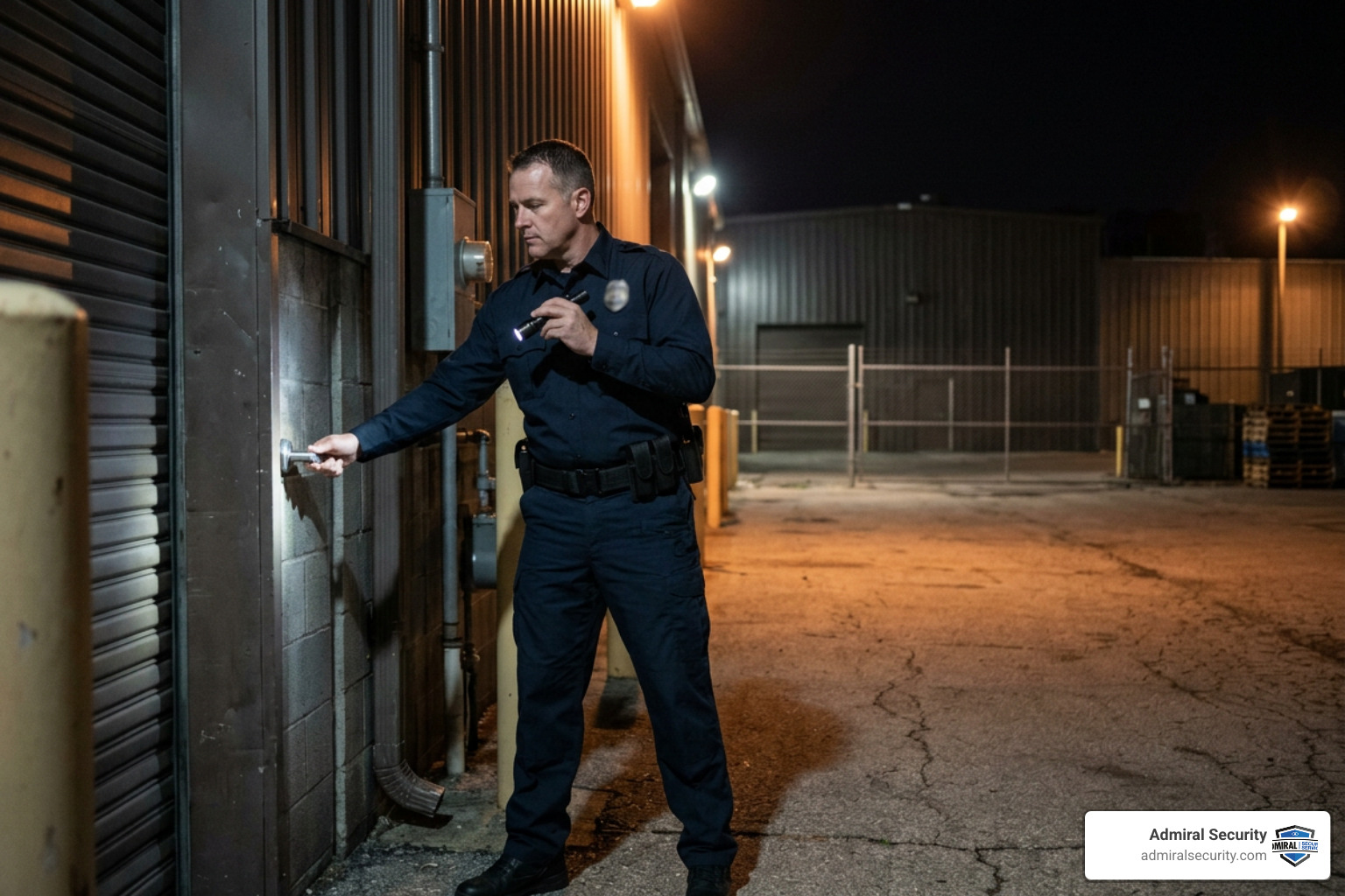 Security officer conducting a foot patrol check on a warehouse door lock, uniform badge blurred Security officer conducting a foot patrol check on a warehouse door lock, uniform badge blurred