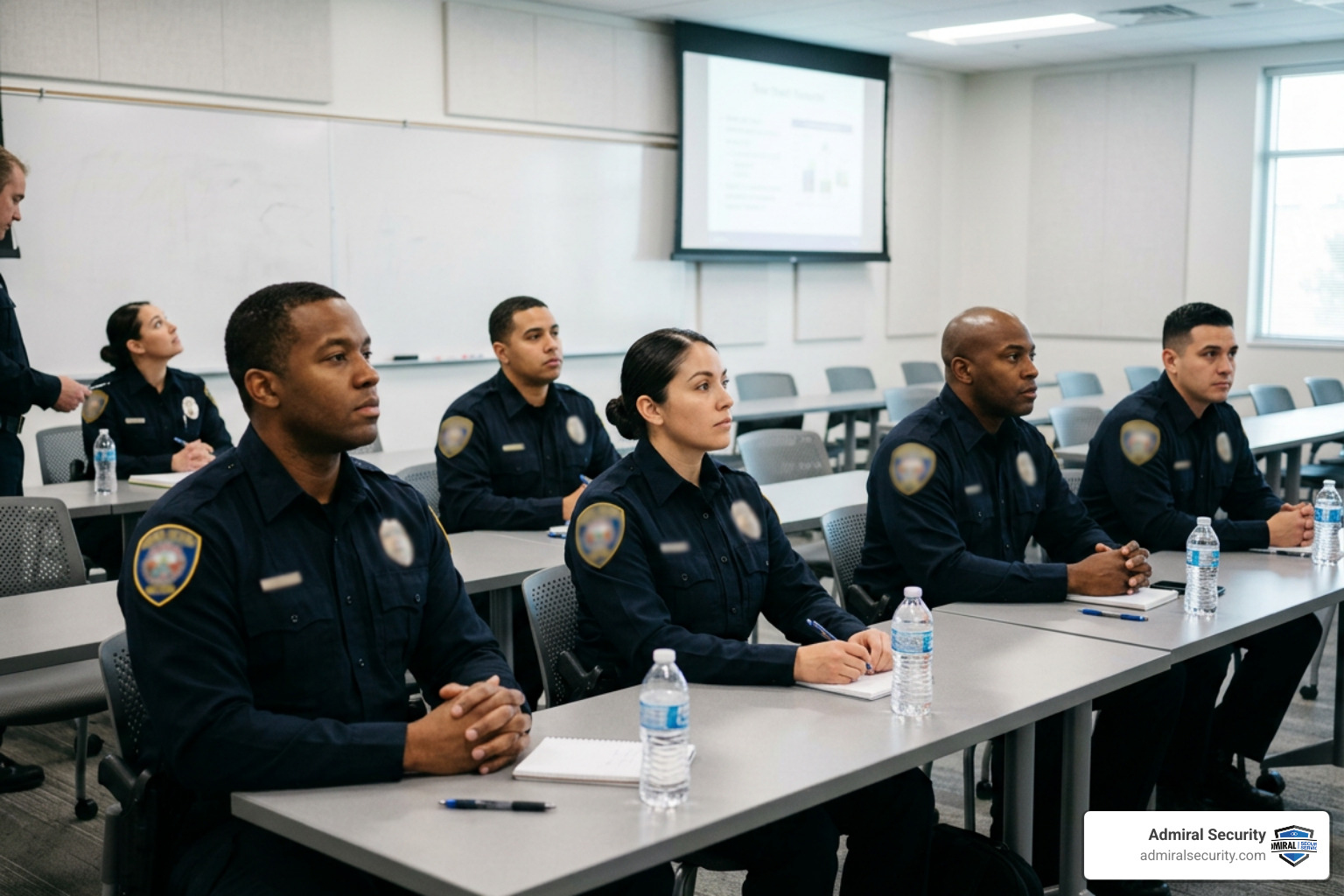 security professionals in a classroom training environment with blurred uniform badges