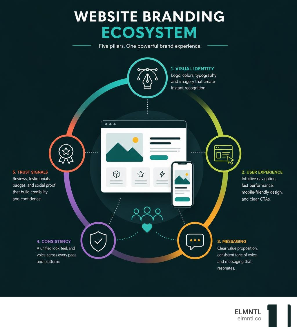 Website branding ecosystem showing visual identity, UX, messaging, consistency, and trust signals infographic