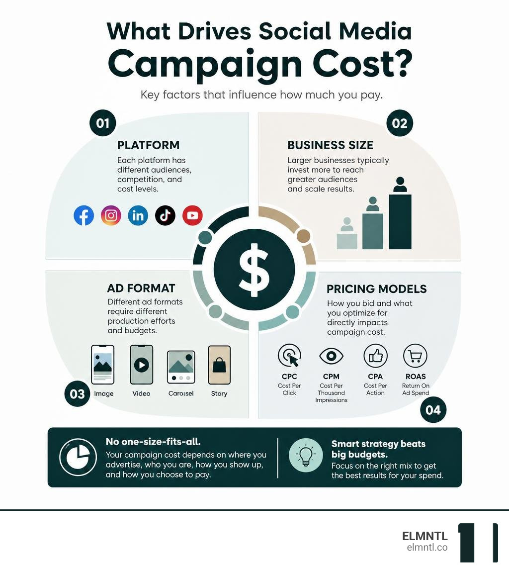 Infographic showing social media campaign cost factors including platform, business size, ad format, and pricing models