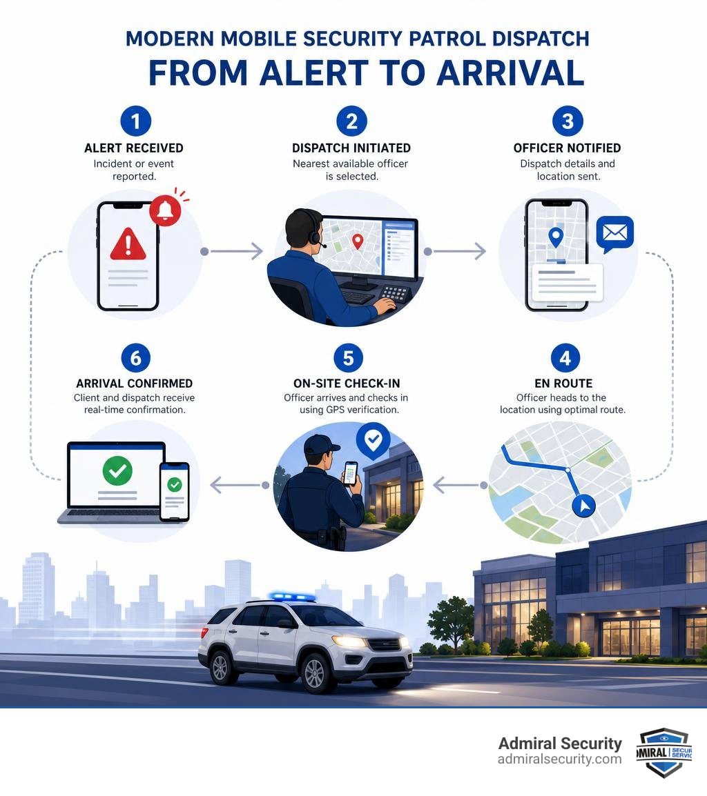 Infographic showing the workflow of a modern mobile security patrol dispatch from alert to arrival infographic Infographic showing the workflow of a modern mobile security patrol dispatch from alert to arrival infographic