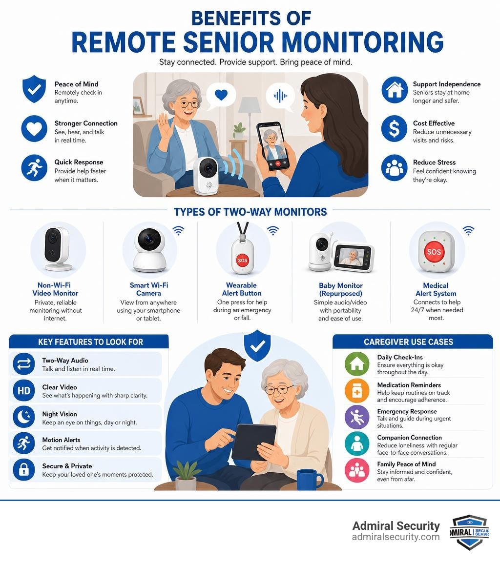 Benefits of remote senior monitoring infographic with types, key features, and caregiver use cases infographic