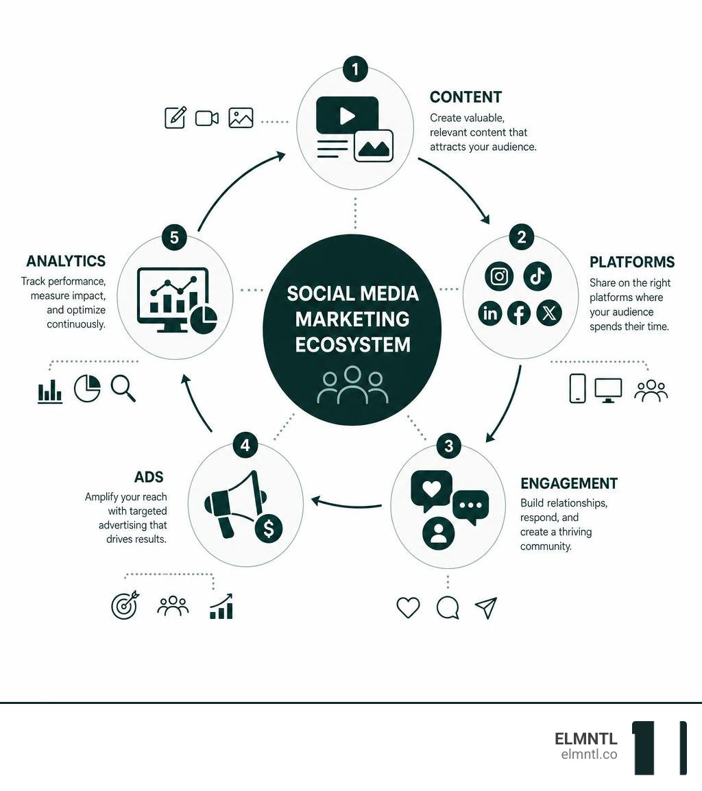 Social media marketing ecosystem infographic showing content, platforms, engagement, ads, and analytics infographic