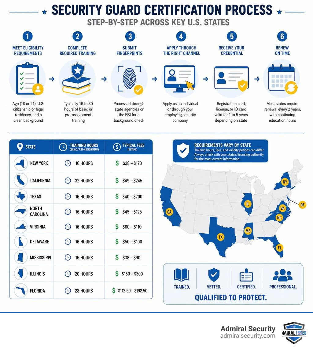 Step-by-step security guard certification process across key U.S. states with training hours and fees infographic