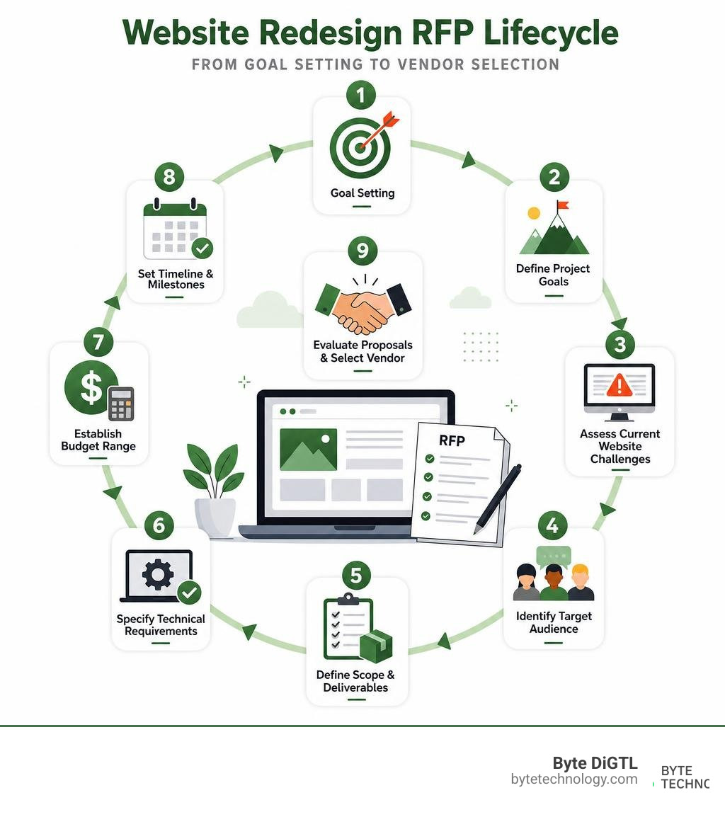 Infographic showing the website redesign RFP lifecycle from goal setting to vendor selection infographic Infographic showing the website redesign RFP lifecycle from goal setting to vendor selection infographic