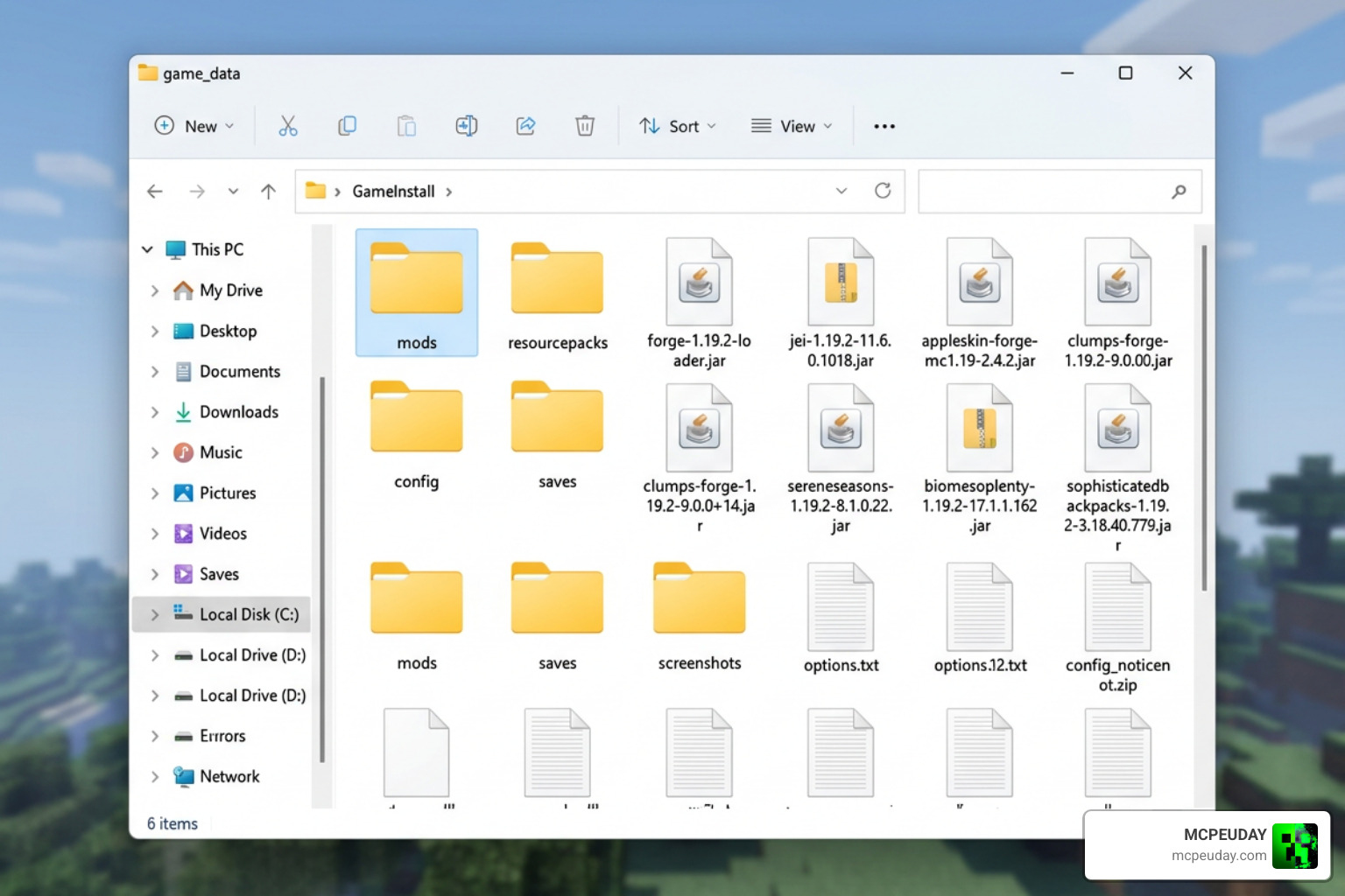 Minecraft mod installation folder showing mods and resource packs directories Minecraft mod installation folder showing mods and resource packs directories